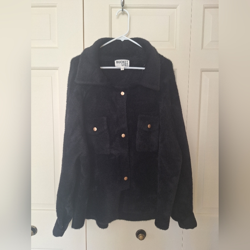Bucket List Jacket Sz L - Black Fuzzy Jacket with Gold Buttons